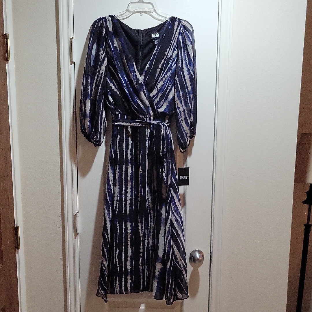 Dkny Black And White Pleated Wrap Dress